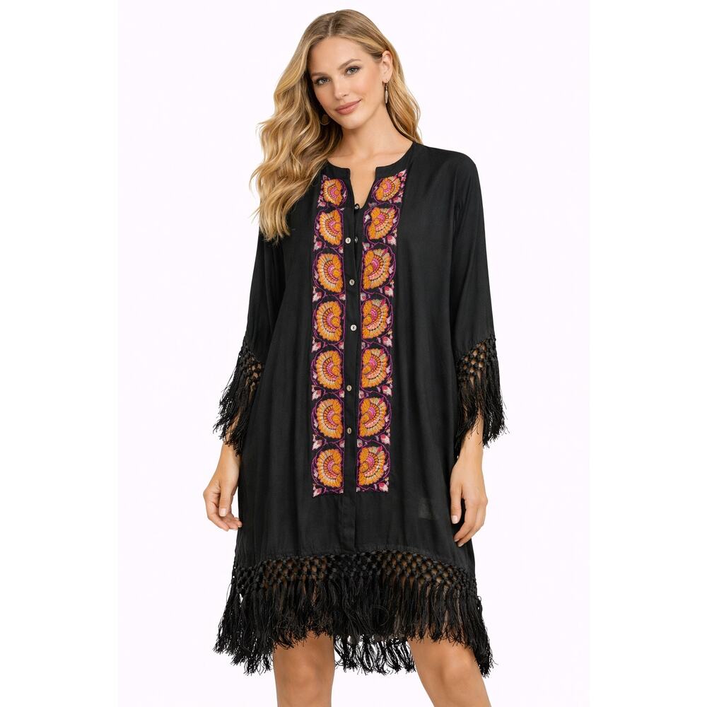 Tigerlily Black Embroidered Fringe Kimono Dress Medium Boho Viscose